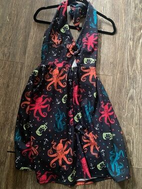 Octopus Print Halter Skater Dress - Black with Multi Color Octopi